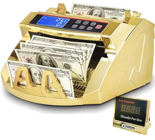 Gold Money Counter Machine for Dollars - UV MG IR Counterfeit Detection Bill Counter with External LCD Display, Count/Add/Batch Auto Modes Cash Counter