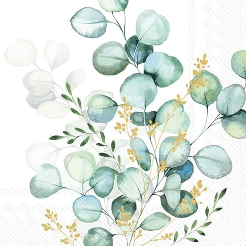 IHR Ideal Home Range Party-Servietten, Einweg-Servietten, 3-lagig, Papier, 16,5 x 16,5 cm, Eukalyptus-Blumenstrauß, Gold, 20 Stück