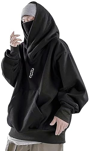 Fulidngzg Ninja Hoodie Herren Hip Hop Kapuzenpullover Pullover Harajuku Oversized Pulli Rollkragenpullover Dicke Fleece Hoodie mit Kapuze Vintage Sweater Winterpullover Sweatshirts