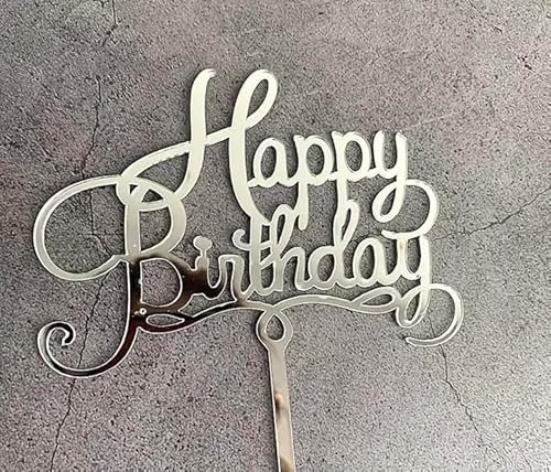 Aretro Acrylic Happy Birthday Cake Topper Insert Card (Silver)