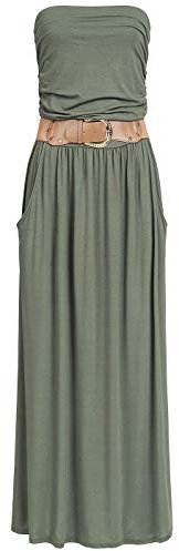 Cloud 5ive Damen Kleid Longform Bandeau Dress 2-Pockets Gürtel military grün
