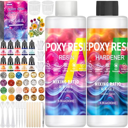 ZPQAODI Resine Epoxy Transparente 2 Parties 243ml, Kit Résine Epoxy Complet, avec Colorant, Paillettes, Tasses à mesurer, pour Bricolage Fabrication de Bijoux, Collier, Porte clés