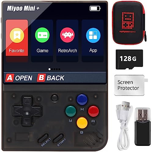 Console de jeu portable pour Miyoo Mini Plus avec étui de rangement, 3,5 pouces rétro vidéo portable rechargeable Open Source Console de jeu émulato, carte TF 64 Go intégrée et plus de 10 000 jeux.