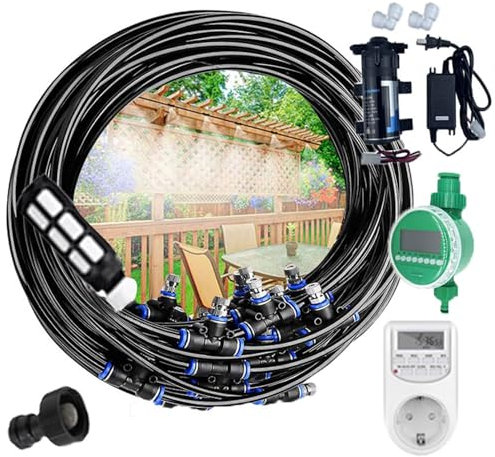 50M Sisteme de Nebulización Refrigeración con cronómetro y bomba, Boquilla Kit de Riego Automático con Boquilla, Sisteme de Nebulización Automática para Jardín Terraza Invernadero