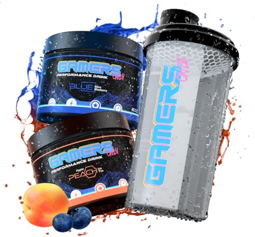 Gamers Only Gaming Booster Starter Set Hyper Peach Ice & Blue Nitro Blueberry [MIT KOFFEIN & ZERO ZUCKER ] inkl. Shaker | Erhöht die Konzentration & Reaktionen | 125MG Koffein & L-Tyrosin & Vitaminen