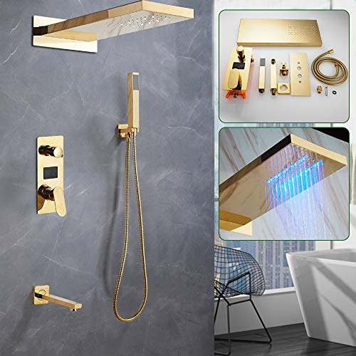 Set di rubinetti da doccia nascosti, in ottone, doccia da incasso con termostato, G1/2, per vasca da bagno (oro)