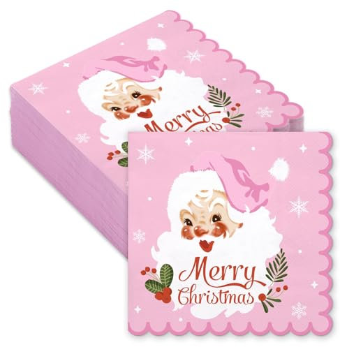 RUSPEPA 50 Stück rosa Weihnachtsservietten mit Weihnachtsmannmotiv – Einweg-3-lagige Lunchserviette aus Papier, rosa Weihnachtsmann mit Frohe Weihnachten – 16,5 x 16,5 cm/33 x 33 cm (aufgeklappt)