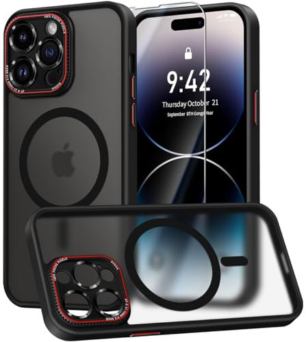Helssitot HandyHülle Kompatibel mit iPhone 14 Pro Max Hülle mit Schutzfolie [Integrierter Kameraschutz] [TOP N56 Starke] Magnete Matt Hülle Kompatibel mit iPhone 14 Pro Max Case Schwarz