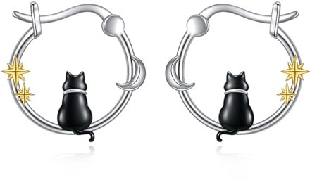 Katze Creolen Sterling Silber Niedliches Tier Pinguin Ohrringe Schmuck Geschenke für Damen (Schwarze Katzenohrringe)