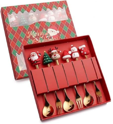 FülleMore 6 Stück Gold Weihnachtsbesteck Set,Edelstahl Weihnachtskaffeelöffel und Weihnachtsgabeln Partybesteck 3xKaffeelöffel 3xKuchengabel (6 Form Weihnachtsfirgur)