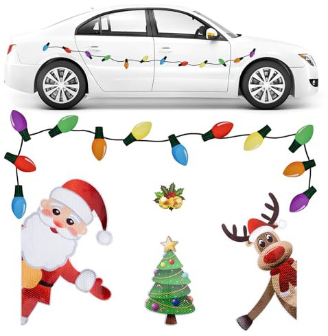 Toptime 22 Stück Weihnachts Auto Magnete, 12 Stück Reflektierende Glühbirne Magnete mit 6 Magnetdrähte, Auto Weihnachtsdeko mit Weihnachtsmann Rentier Weihnachtsbaum, Weihnachten Magnete Kühlschran
