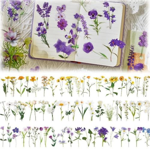 120 Stück Transparente Scrapbooking Aufkleber, Transparente Blumen Aufkleber für Sammelalbum, PET Blumen Aufkleber Pflanzen Sticker, Wasserfeste Aufkleber, für DIY Tagebücher Karten Fotoalben