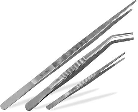 Bratzange Premium Küchenwerkzeug 3-Tlg. Set Mittel, Groß und extra Lang Edelstahl Grillpinzette Grillzange Kochpinzette große Ausführung Zangen Rostfreie gerade und gebogen mit Innenzahnung