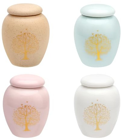 TNSLAND Lot de 4 Urne Funeraire Urne pour Chien Urne Funeraire Adulte Humain Petites Urnes Miniatures en Céramique Urne avec Arbre de Vie Mémoriaux pour La Conservation des Cendres en Toute Sécurité