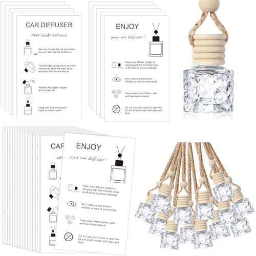 Boao 50 Sets Hanging Car Air Freshener Diffuser Bottles with 2 x 3.54 Inch Car Diffuser Instructions Cards for Empty Essential Oil Bottles(Round Diamond,White Card)