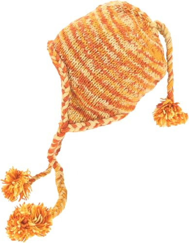 GURU SHOP Wollmütze mit Ohrenklappen, Norwegermütze, Batik Wintermütze, Bommelmütze - Orange/Batik, Herren/Damen, Wolle