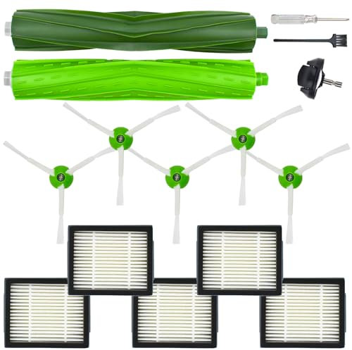 Kit accessori ricambio per iRobot Roomba i/E Series i1 i1+ i2 i2+ i3 i3+ i4 i4+ i5 i5+ i6 i6+ i7 i7+ i8 i8+, e5/e6 – 1 spazzola principale, 5 spazzole laterali verdi, 5 filtri, 1 ruota anteriore