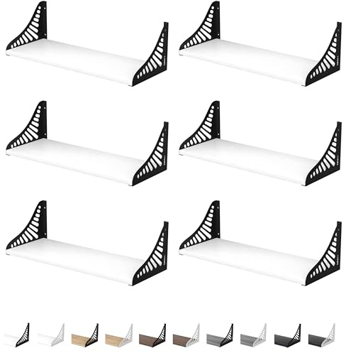 DINIAL Wall Mounted Floating Shelves for Wall Set of 6, Shelf Bookshelf for Bedroom Living Room Office Bathroom Kitchen Rustic Wood with Metal Bracket 04SH-06 (Super White/Black Brackets)