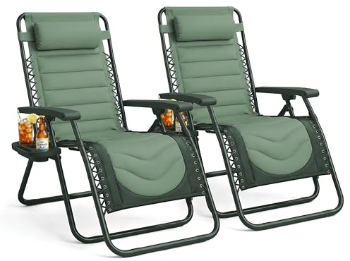 KEPLIN Set of 2 XXL Premium Heavy Duty Padded Two Tone Zero Gravity Chairs - Luxurious Garden Recliners, Adjustable Headrest, Cup & Phone Holder, Foldable, Patio Sun Loungers - 150kg Weight Capacity