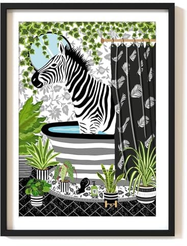 Parmaro Zebra in Bath Print, Zebra Bathroom Art, A4 UNFRAMED Print, Black & White Print, Animal Toilet Print, Botanical Print Tropical Toilet Decor