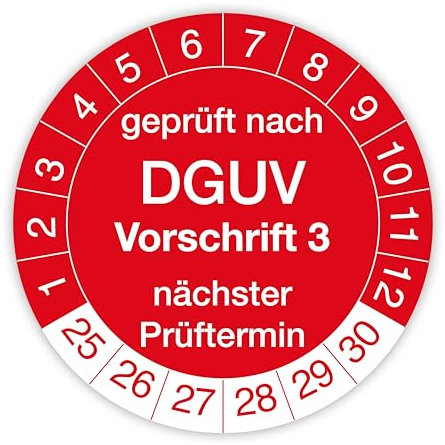 Prüfplakette „Geprüft nach DGUV Vorschrift 3“ – 140 Stück – Selbstklebende, UV-beständige und wetterfeste Prüfetiketten für Betriebsmittelprüfungen, Inspektionen, Leitern und Tritte (Ø 30 mm, Rot)