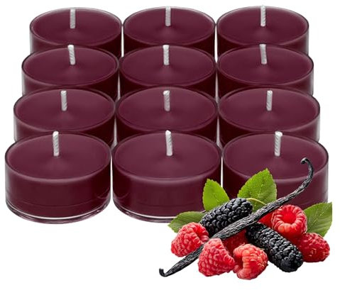 PartyLite Teelichter Kerzen, Tart Schwarze Johannisbeere und Brombeere mit Maulbeerduft, Geschenkset mit 12 Stück, Aromatherapie mit bis zu 4 bis 6 Stunden Brenndauer, ideal für Heimdekoration,