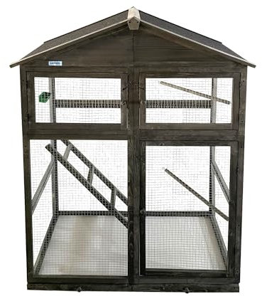 Lendo Online Vogelvoliere aus imprägniertem Fichtenholz - 115x58x164 cm - Vogelkäfig mit herausnehmbarer Schublade - Vogelhaus - Papageienkäfig - Wellensittichkäfig (Grau)