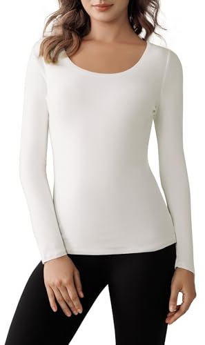 Harlamvar Womens Winter Thermal Undershirt Ladies Warm Long Sleeve Tops Scoop Neck Soft Baselayer Shirt White