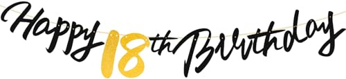 Black Gold 18th Birthday Decorations Banner for Boys Girls, Happy 18th Birthday Black Gold Banners Him Her Party Supplies Decorations