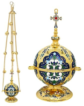 RZRHMUHN Kirchliches Räuchergefäß, orthodoxes Räuchergefäß, Zinklegierung, christliches Räuchergefäß mit Kette, 16,5 cm H (blau)