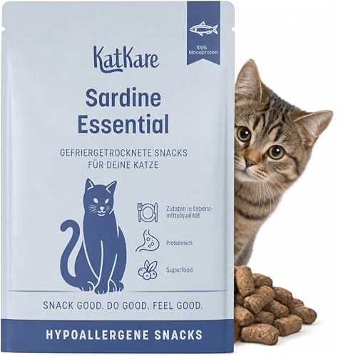 KatKare Hypoallergene Katzensnacks Sardine Essential 30g Monoprotein | Gefriergetrocknet, getreidefrei, ohne Zusatzstoffe, für empfindliche Katzen mit Sardine in Lebensmittelqualität