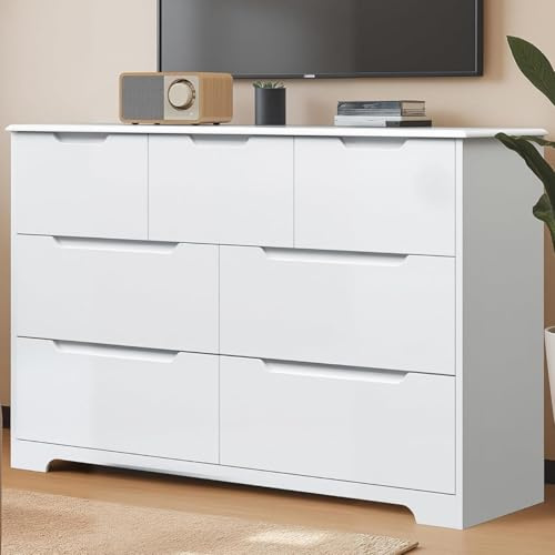 Blishom Kommode mit 7 Schubladen, Kommodenschrank Weiß, Aufbewahrungsschrank für Schlafzimmer, Wohnzimmer, Flur, 120 x 40 x 83 cm