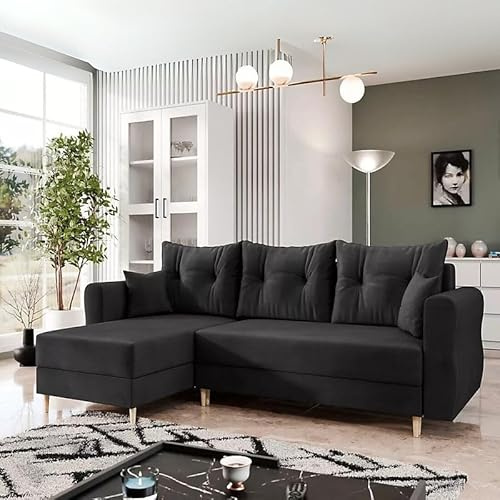 Agritrade AK Zako L Corner Sofa Bed with Storage – Reversible Chaise & Pull-Out Guest Bed (Black)