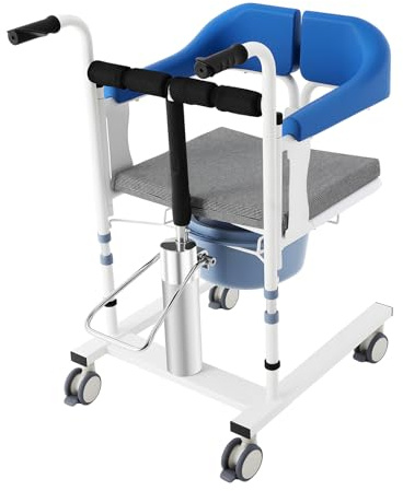 Lift Transfer Chair for Home Hydraulic Patient Lift Wheelchair Transfer Nursing Chair Hydraulischer Patientenlift-Rollstuhl 220 lb Capacity, 180°Split Seat Commode for Elderly, Bed to Toilet (Blue)