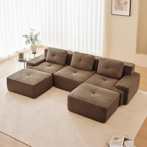 Luscriate Modulares schlafsofa u Form, Boneless Modular Sofa Couch Ohne Montage, Weich, Hochelastischer Schaum für Wohnzimmer, Brown 3-Sitzer+2 (Brown, 3S+2)