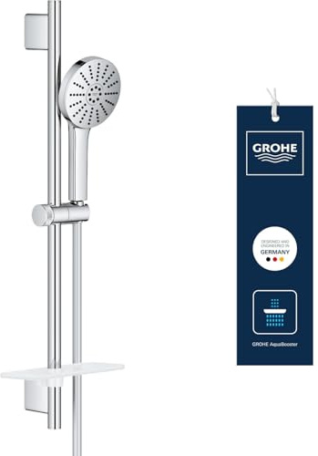 GROHE Vitalio Joy+ 120, Duschset wassersparend, 6l pro Min (Brausestangenset mit: Duschkopf 3 Strahlarten, 1,75m Schlauch, Duschstange zum kleben oder bohren, inkl. Ablage), chrom, 1348660000