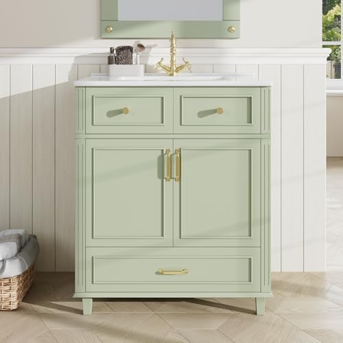 Yihomfy Meuble lavabo 81 cm avec Vasque en céramique, Petit Meuble sous-Vasque avec 3 Tiroirs et Rangement Caché, Poignées Dorées, Désign Simple Moderne, WC Invités, Salle de Bain, Vert-G