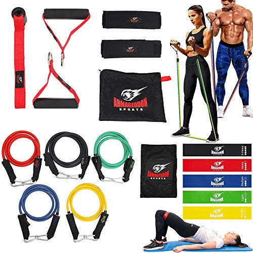 Resistance Bands Set, Widerstandsbänder 17er Pack Fitnessband Stapelbar bis zu 150lbs, Workout Bands mit Türanker & Griffen für Fitness, 5 Stapelbare Übungsbänder, 5 Widerstandsschlaufenbänder