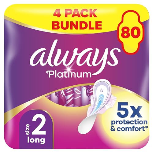 Always Platinum Sanitary Towels with Wings, Size 2, Long, 80 Towels (20 x 4 Packs), BIG PACK, Odour Neutraliser, 5x Comfort