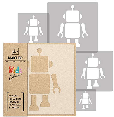 NAKLEO Schablonen Malen für Kinderzimmer, 5 Stück Set 9x9 bis 34x34cm Roboter Maschine Spielzeug, Wiederverwendbare Kunststoff Malvorlage Raumdekoration, Basteln DIY Wand Möbel Papier Stoff