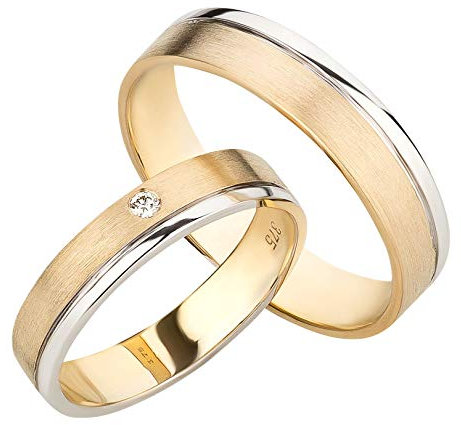 Ardeo Aurum Trauringe aus 375 Gold bicolor Gelbgold Weißgold mit 0,02 ct Diamant Brillant hochglanzpoliert-matt Eheringe Paarpreis