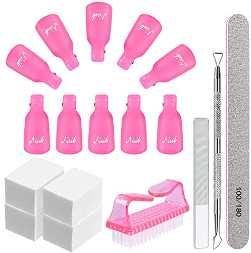 Gel Nail Remover Kit, MORGLES 10PCS Gel Nail Remover Clips, 300Pcs Wipe Cotton Pads, Files 100/180, Cuticle Pusher & Brush, Pink