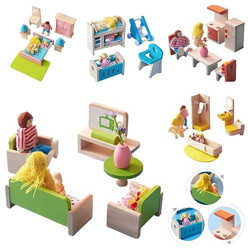 DecoBay Wooden Dolls House Furniture 4-6 Sets: Bedroom, Kitchen, Bathroom, Living Room With Family (5 Rooms and 7 Dolls)