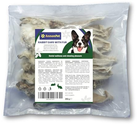 AnnonPet® 250 Gramos de Orejas de Conejo Naturales con Pelo. Bajo Contenido de Grasa. Snack Premio masticable para Perros de Todos los tamaños