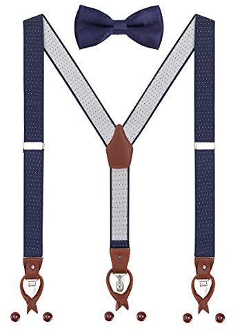 Herren Hosenträger Fliege Set 2 WAY TO WEAR 6 Leder Knopfloch 3 Clips Y-Form 3,5cm Breit Verlängerte Hosenträger für Körpergröße 160-200cm - Gepunktet Navy Blau