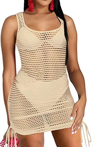 sexycherry Damen Sexy Badeanzug Cover Ups Bodycon Bademode Bikini Mesh Kleid Durchsichtig Strandkleider, Beigea, Medium