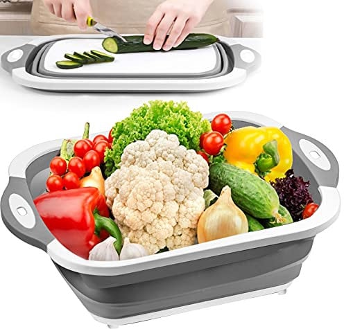 GLORHA Tagliere Pieghevole Multifunzione, 3 in 1 Tagliere con Tappo di Scarico Cestino Portaoggetti per Cucina Frutta Verdura Campeggio