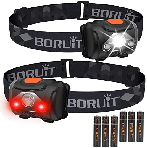 BORUIT 2 Pack LED Head Torch White Red Light Headlamp,4 Modes Headlight IPX4 Waterproof Head Torch for Kids Adult Running Camping Hiking Hunting Fishing Jogging Headlight Gear,AAA Batteries Included
