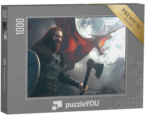 puzzleYOU: Puzzle 1000 Teile „Digitale Kunst: Wikinger mit Axt und Schild, beschützt von einem Drachen“ – aus der Puzzle-Kollektion Fantasy