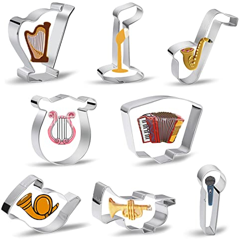 Xzhloym Musik-Ausstechformen, 8-teiliges Set mit Bühnenmikrofon, Saxophon, Lyra-Harfe, Akkordeon, Französisches Horn, Edelstahl